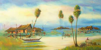 Деревня на озере. Кхмерская живопись. Камбоджа. Сиемреап.(фото Лимарева В.Н)