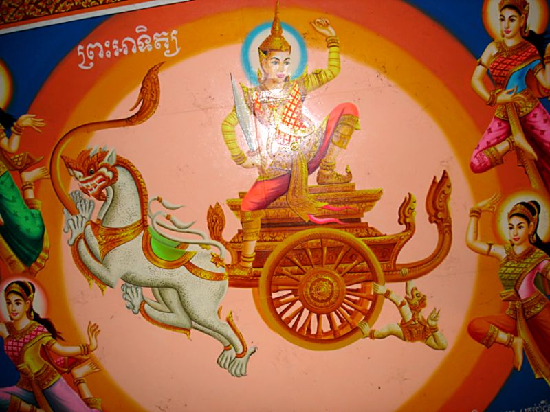 Бог Вишну (?) на колеснице . Живопись в камбоджийском  храме. Фото Лимарева В.Н. 